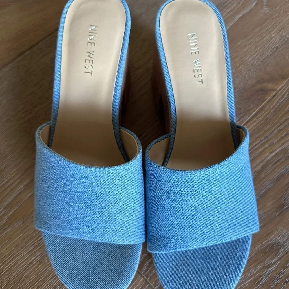 NINE WEST Barata Platform Cork Slide Sandal Denim Blue Size 9